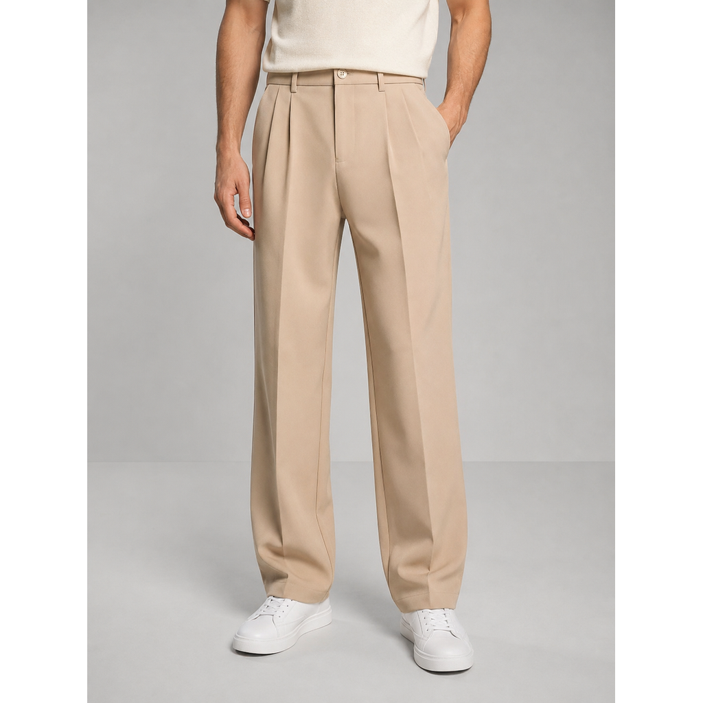 Men's beige pleated straight leg trousers – front view
