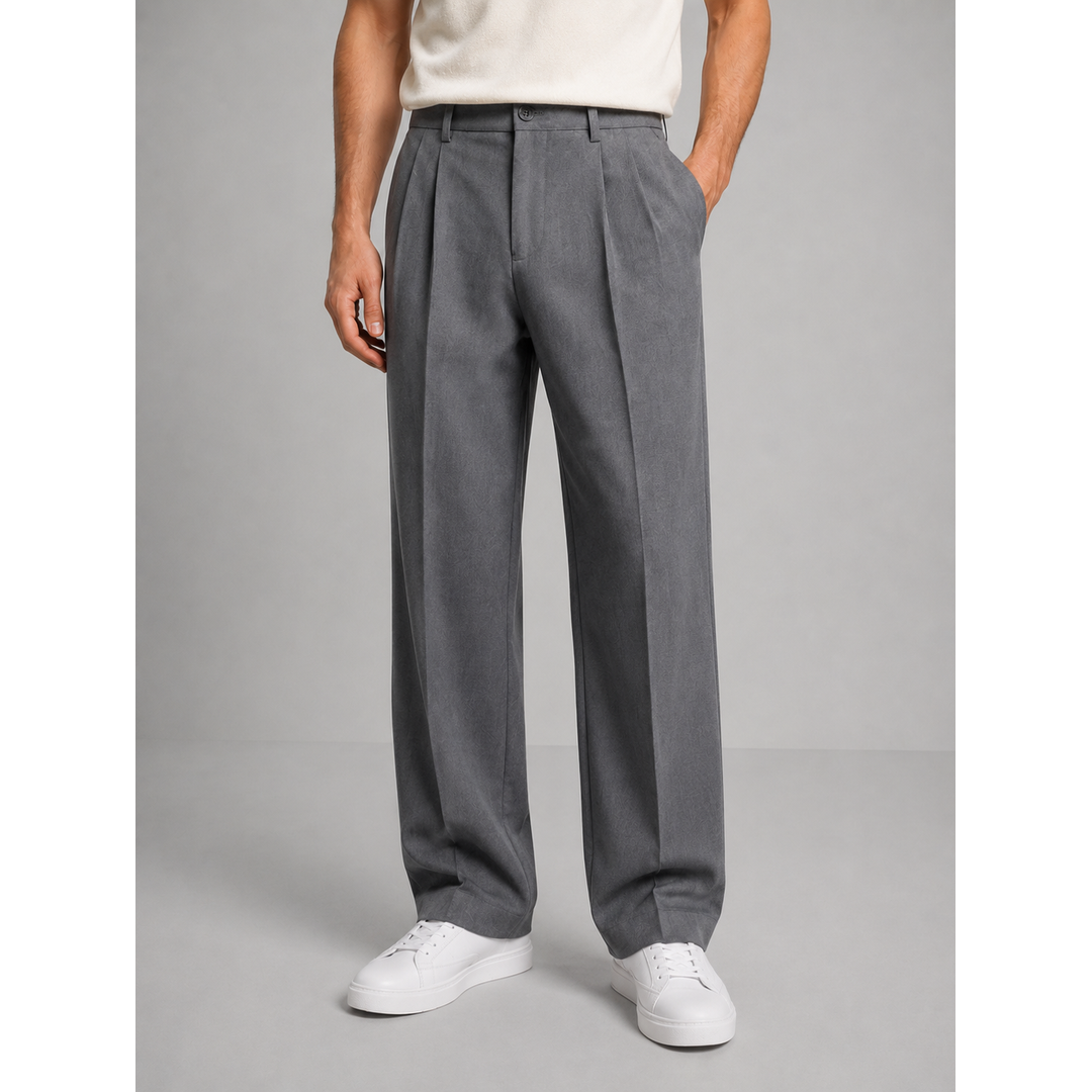 Men's grey pleated straight leg trousers