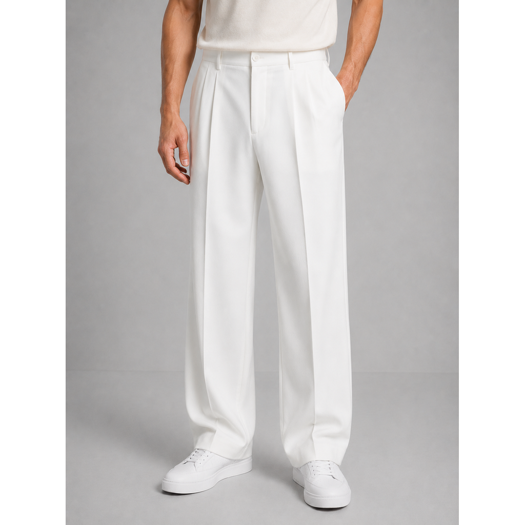 Men's white pleated straight leg trousers
