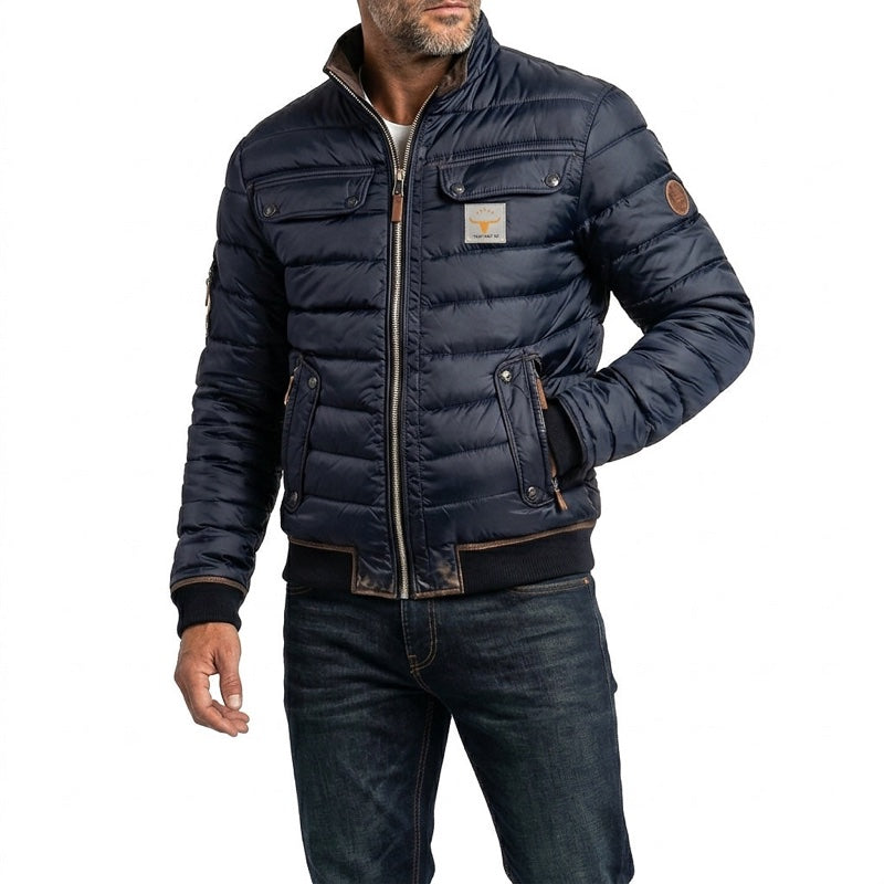 Men's quilted bomber jacket in navy blue