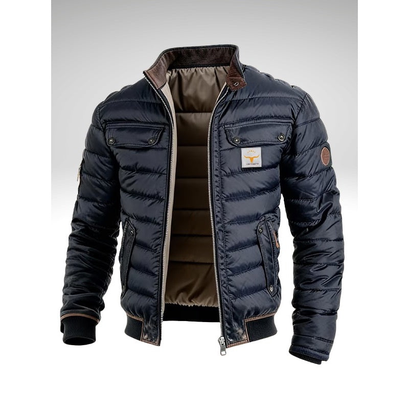 Men's quilted bomber jacket in navy blue, front view