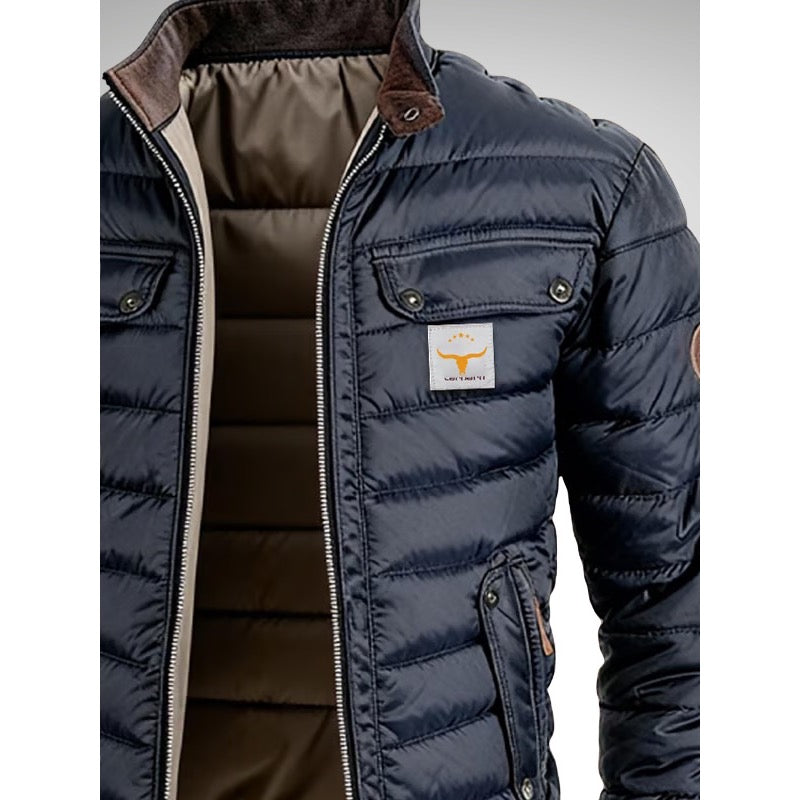 Men's quilted bomber jacket in navy blue, close-up of chest pocket and lining