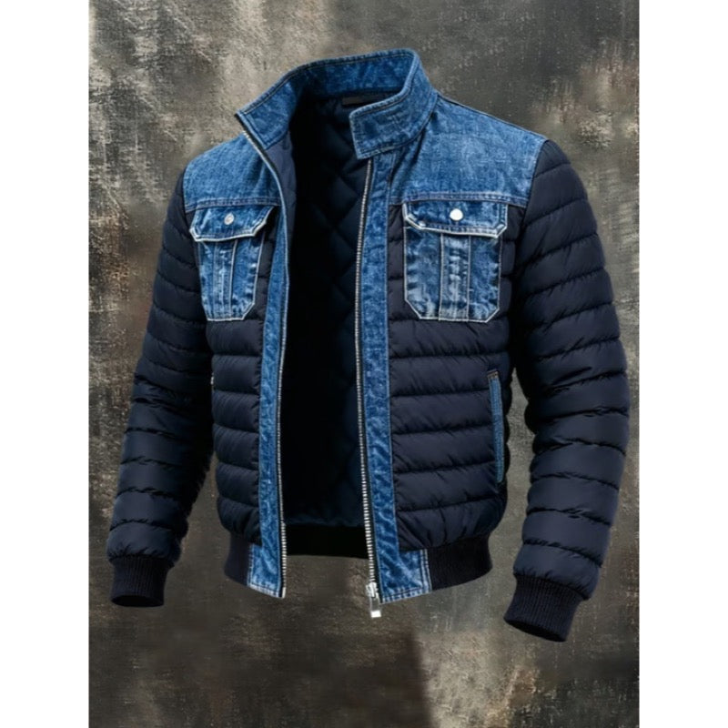 Men's quilted hybrid jacket with denim-look panels in blue