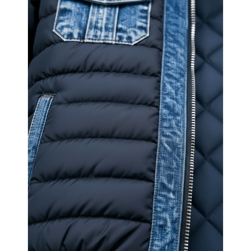 Men's quilted hybrid jacket with denim-look panels in blue, close-up of quilting and denim-look placket