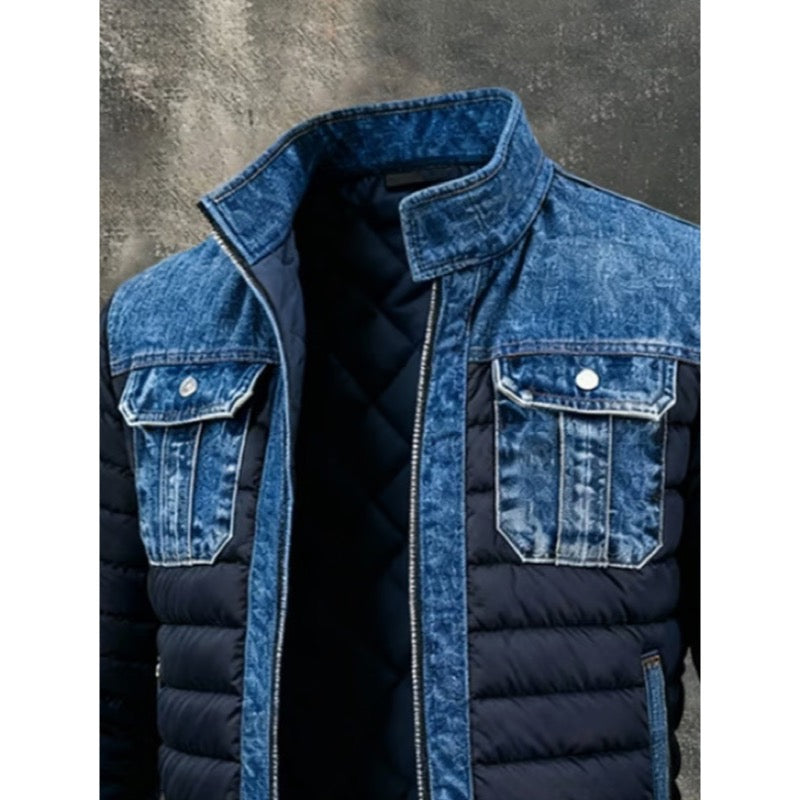 Men's quilted hybrid jacket with denim-look panels in blue, close-up of stand collar and chest pockets