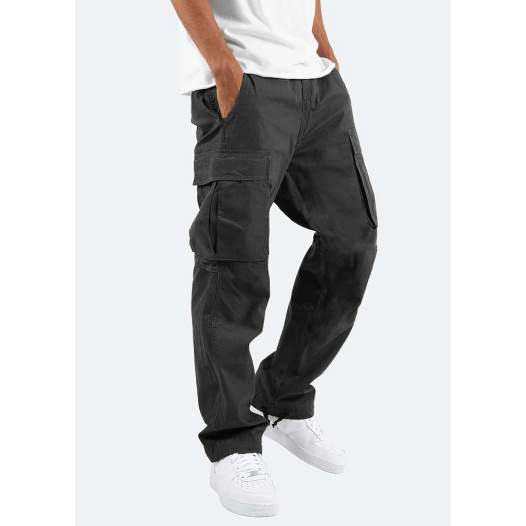 Men's black relaxed cargo trousers with flap pockets