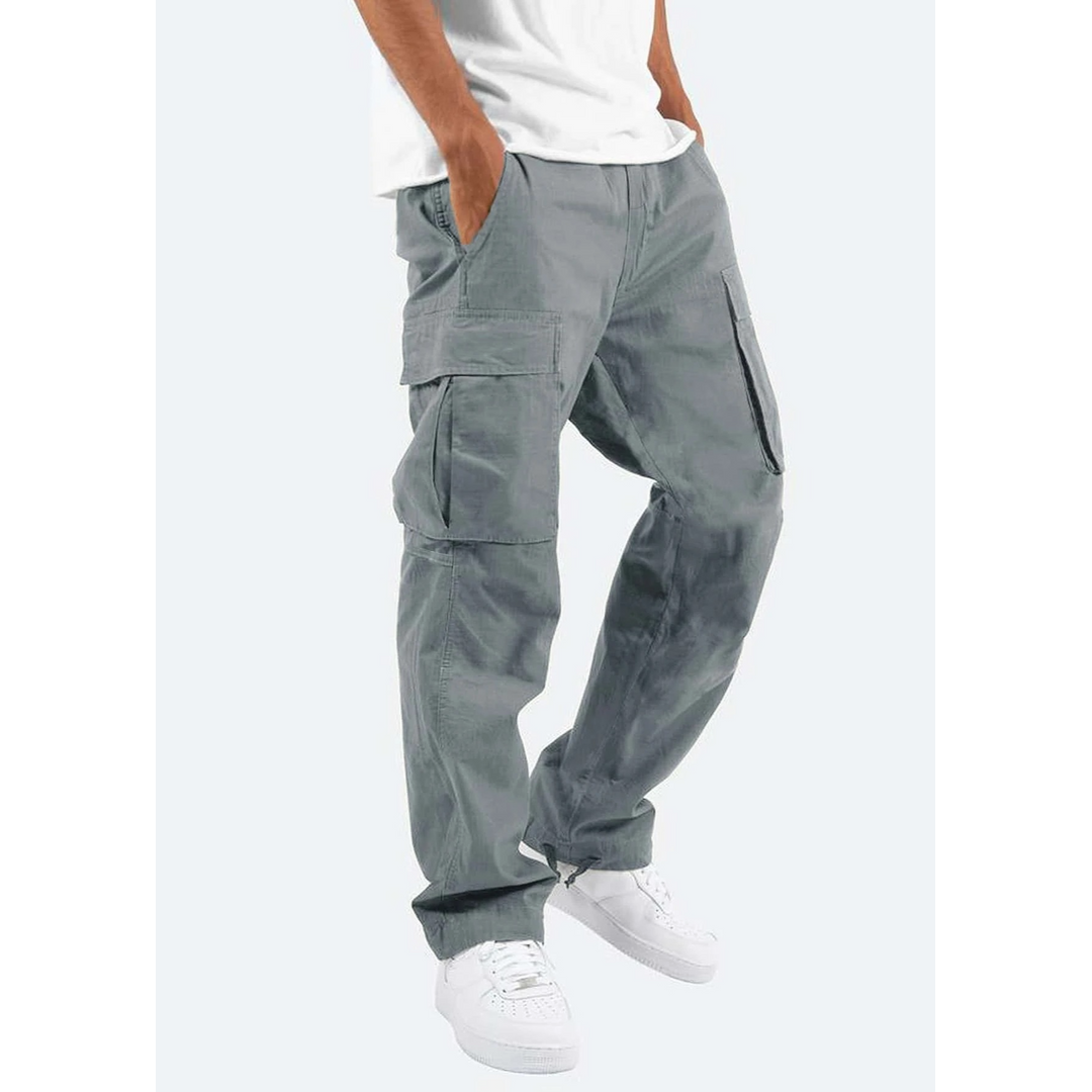 Men's grey cargo trousers with drawstring hems