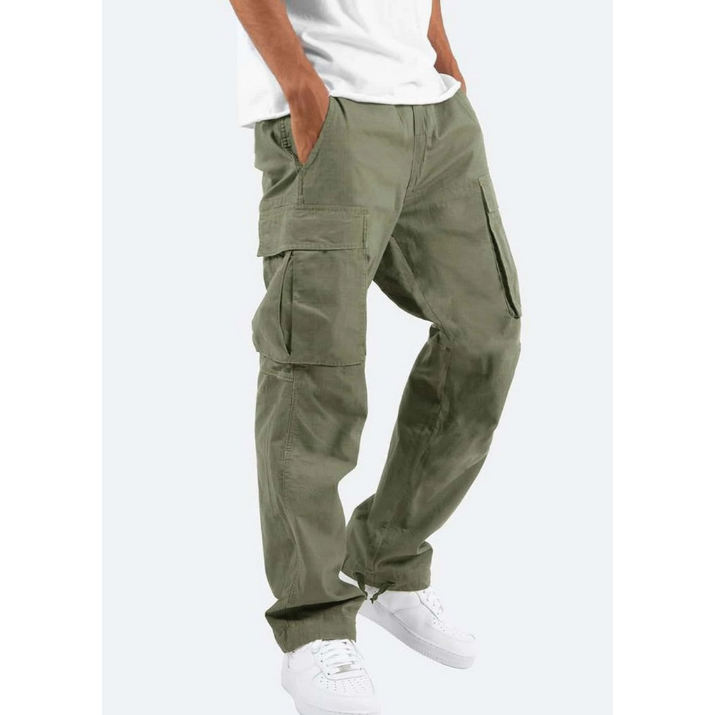Men's olive green cargo trousers with side pockets