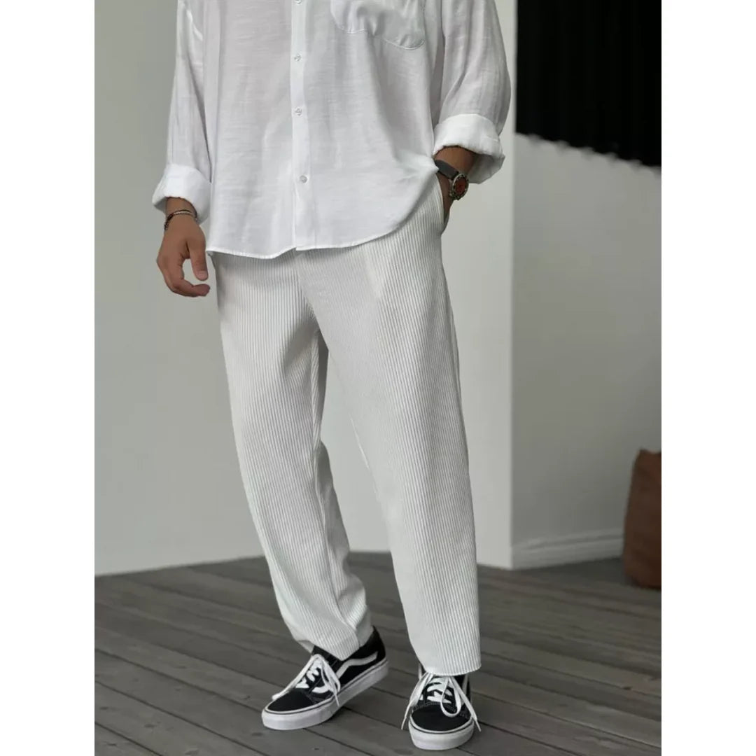 Men's white relaxed straight leg trousers