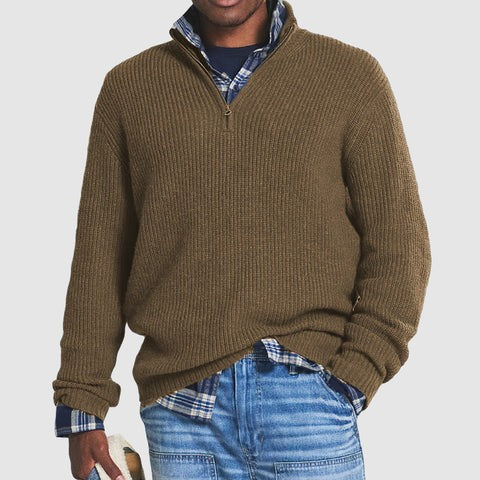 Men's ribbed half-zip sweater in brown