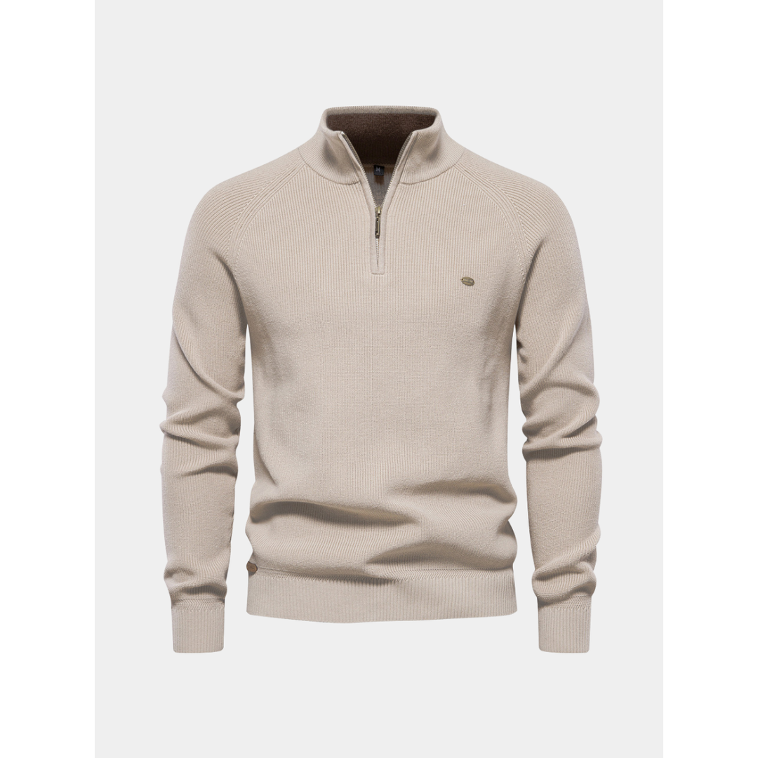 Men's beige half-zip knit sweater with stand collar