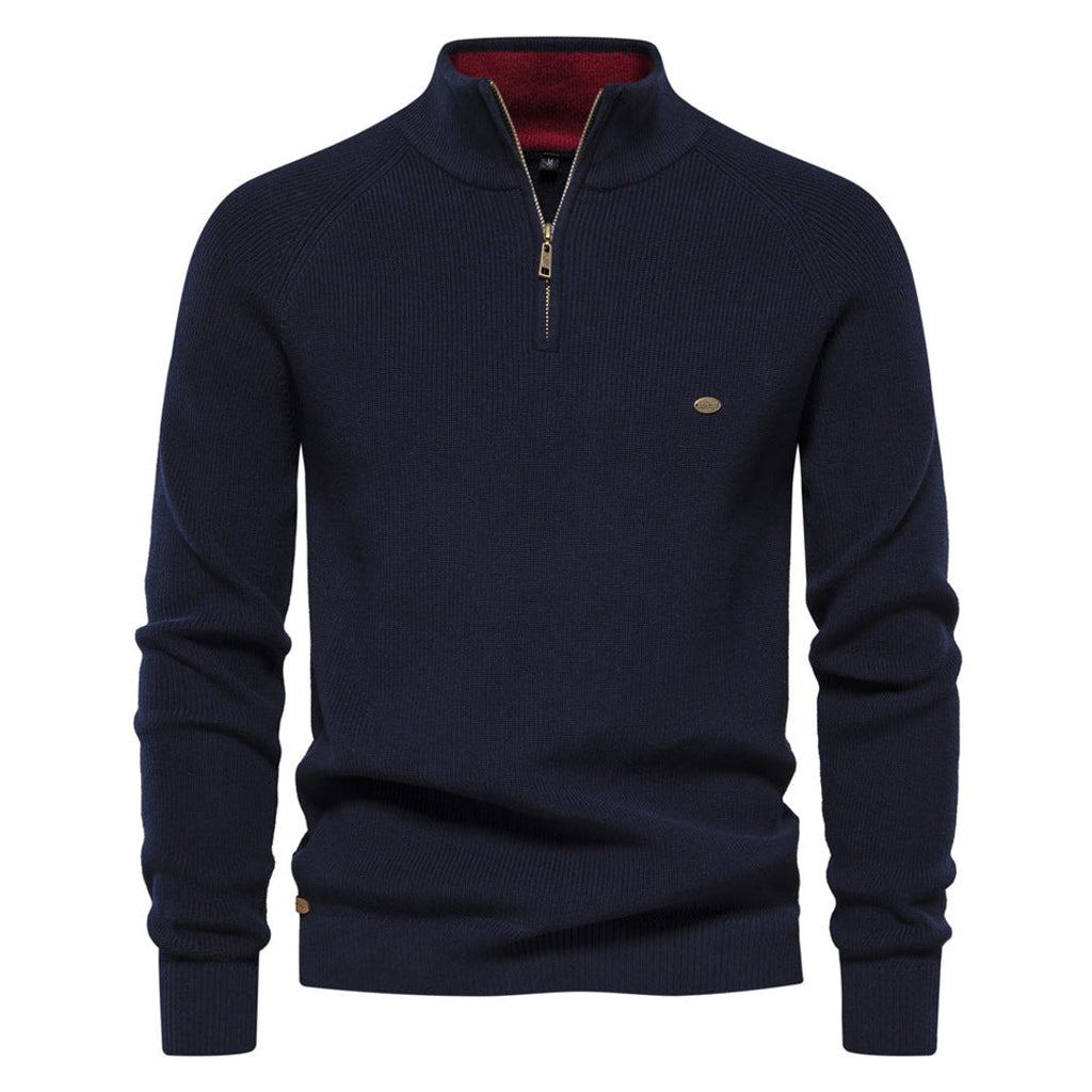 Men's ribbed half-zip sweater in navy blue