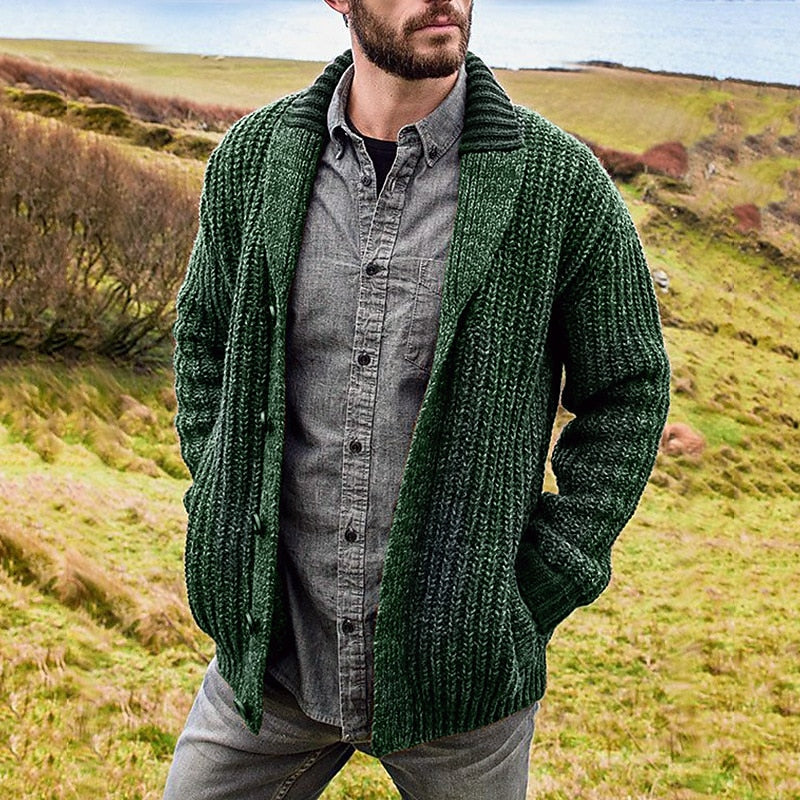 Men's shawl collar chunky knit cardigan in green