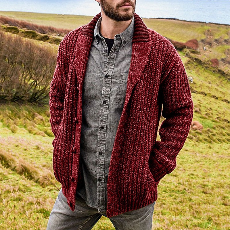 Men's shawl collar chunky knit cardigan in red