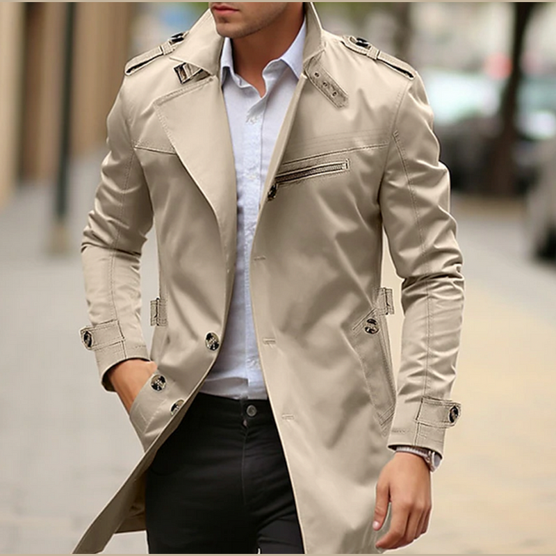 Men's Short Trench Coat with Notched Lapels for Spring Autumn