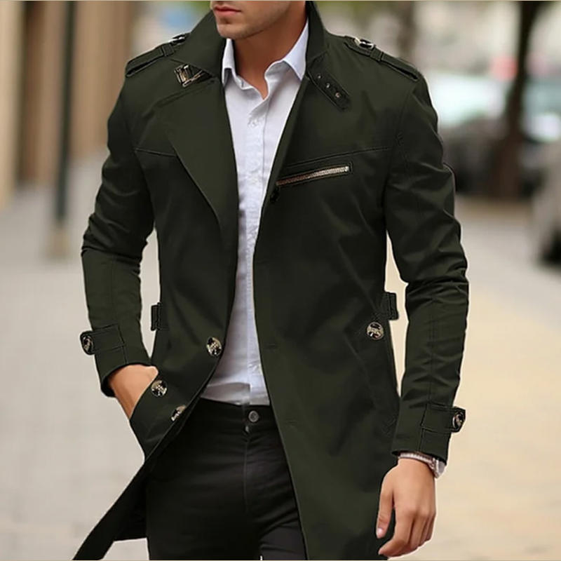 Men's short trench coat in dark green