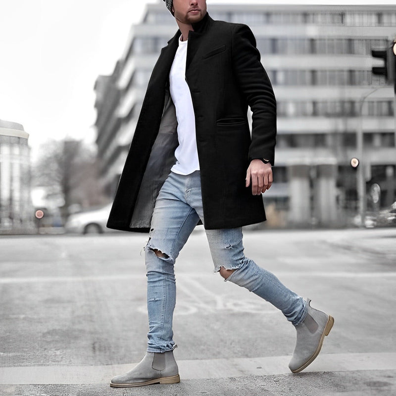 Men's single-breasted long coat in black