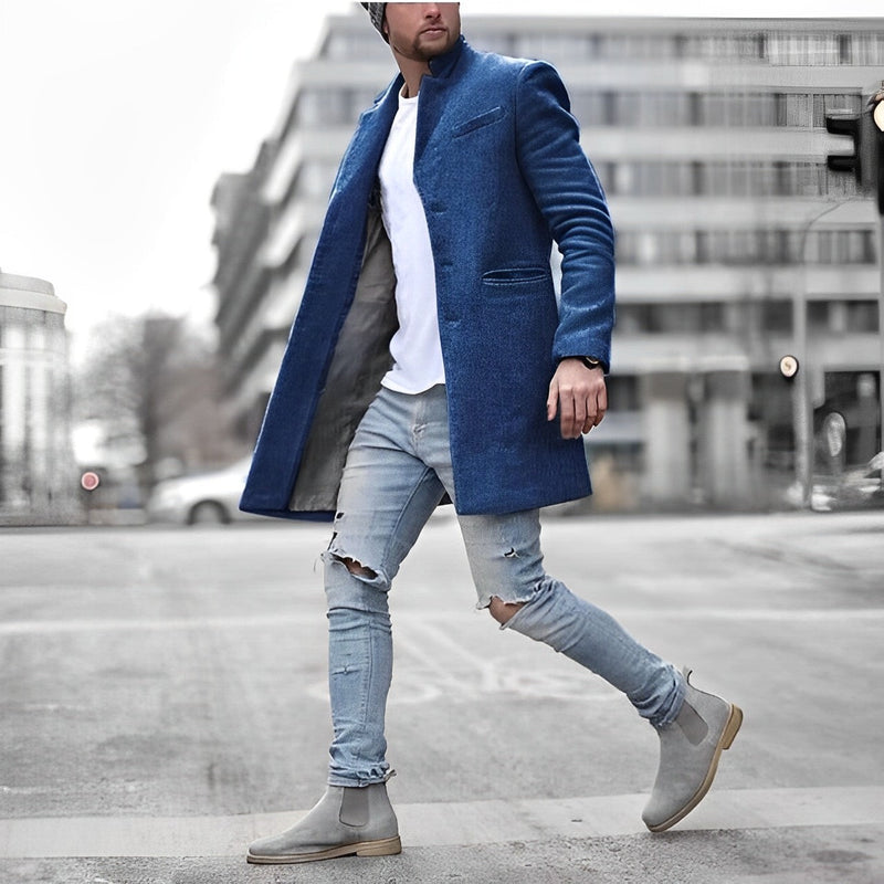 Men's single-breasted long coat in blue