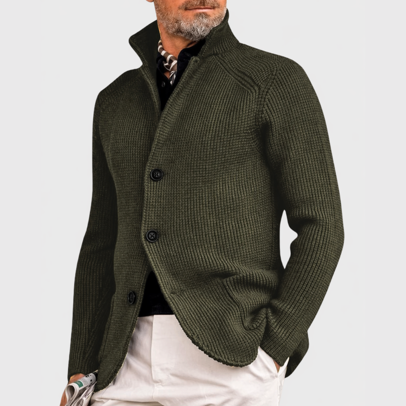 Men's stand-collar knit cardigan in olive green