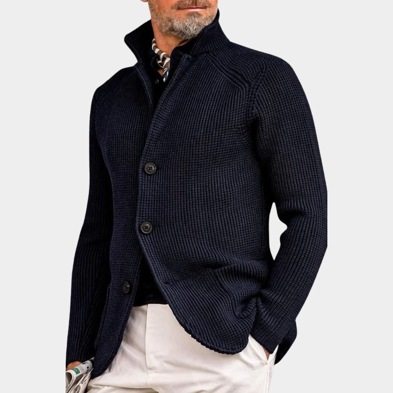 Men's stand-collar knit cardigan in navy blue