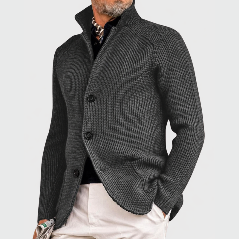 Men's stand-collar knit cardigan in grey