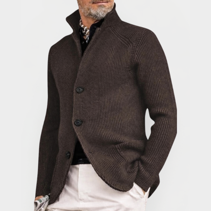 Men's stand-collar knit cardigan in brown