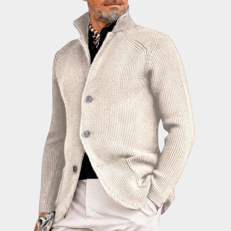 Men's stand-collar knit cardigan in beige