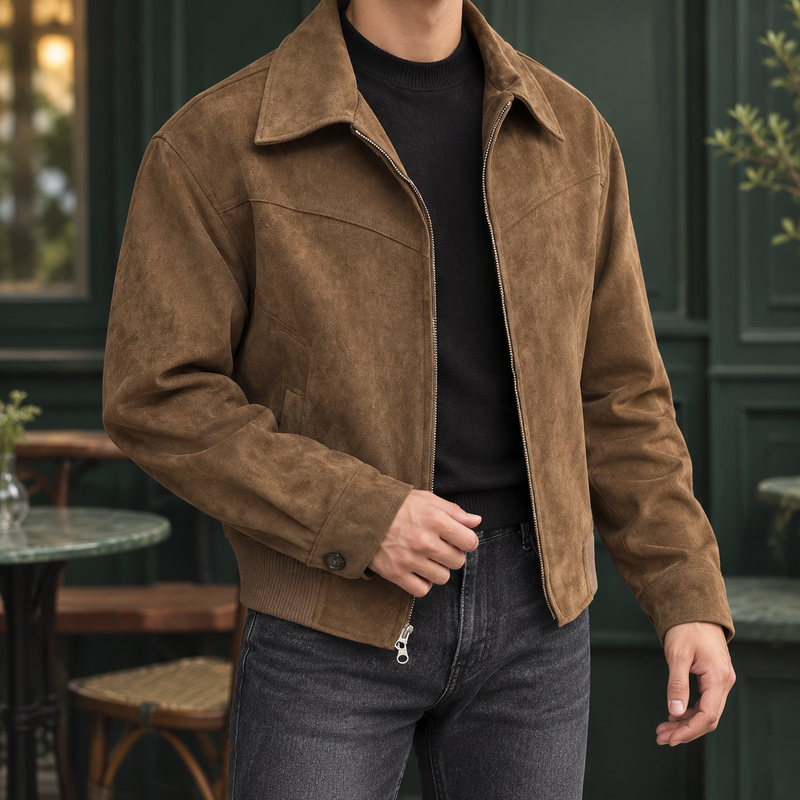Men's suede-look zip jacket in brown