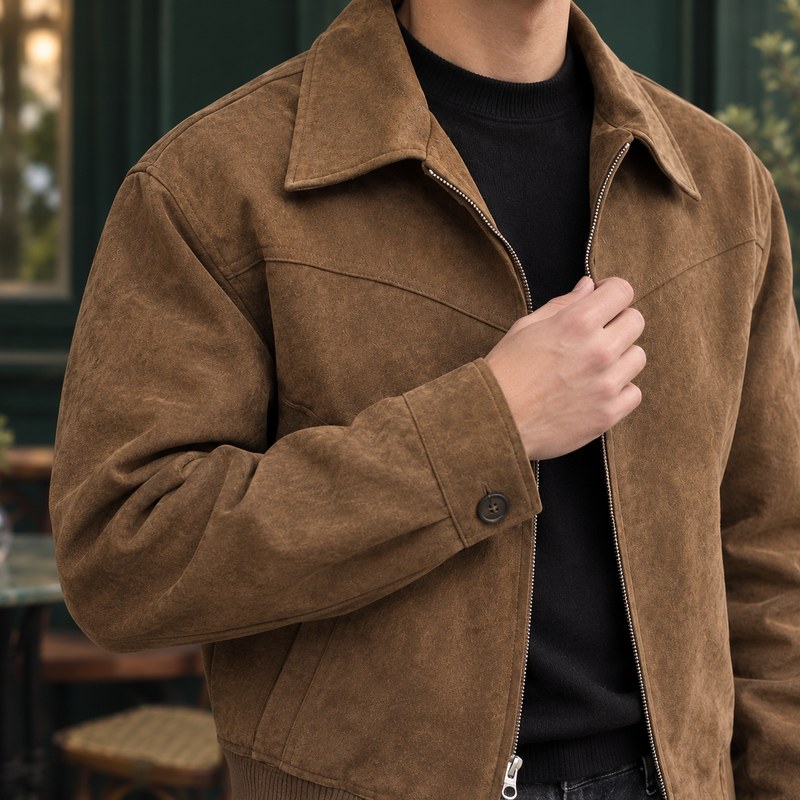 Man wearing the brown suede-look zip jacket – open front