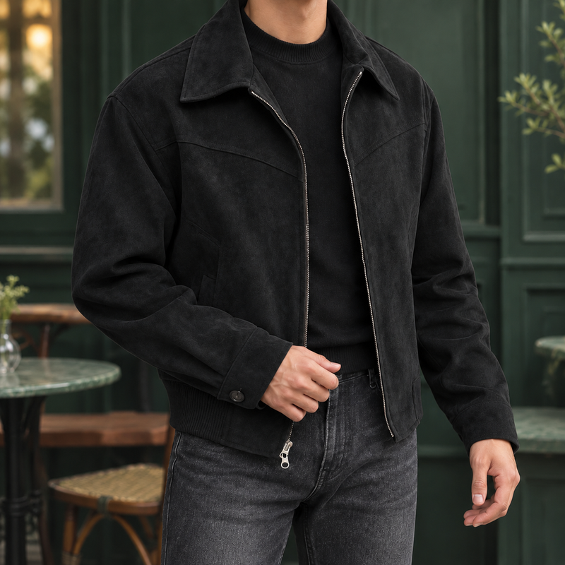 Men's suede-look zip jacket in black