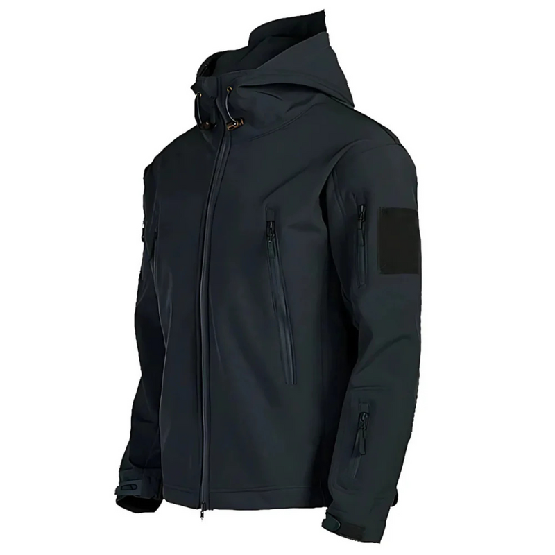 Men's black tactical hooded jacket – product view