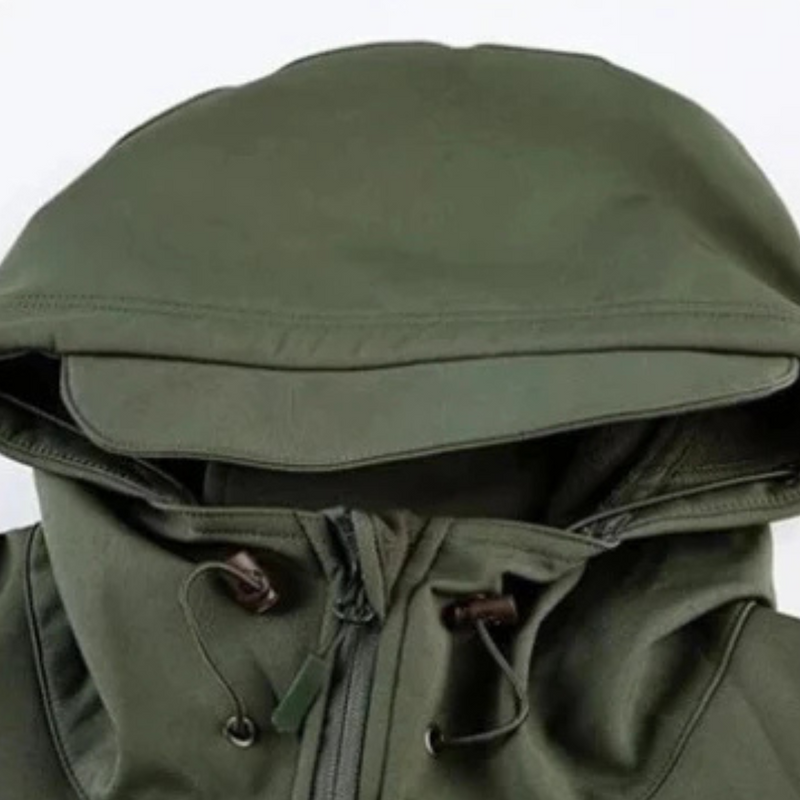 Close-up of the hood on the green tactical jacket