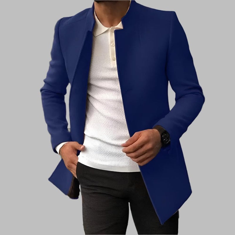 Men's tailored coat with stand collar in royal blue