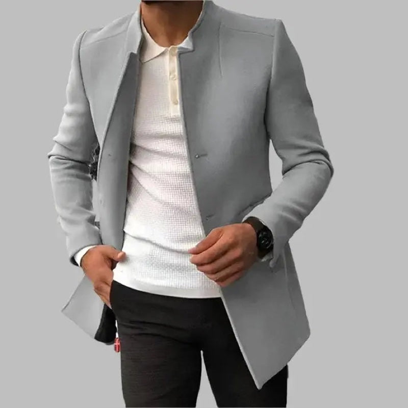 Men's tailored coat with stand collar in grey