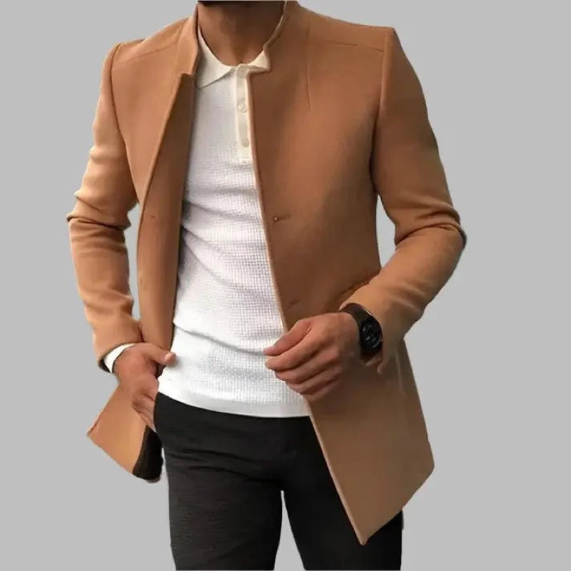 Men's tailored coat with stand collar in camel