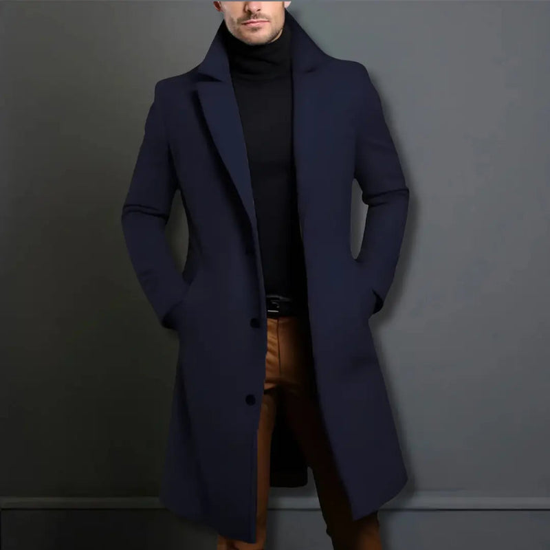 Men's tailored knee-length coat in navy blue