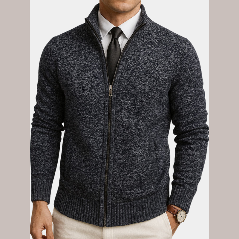 Men's dark grey textured zip cardigan – front view