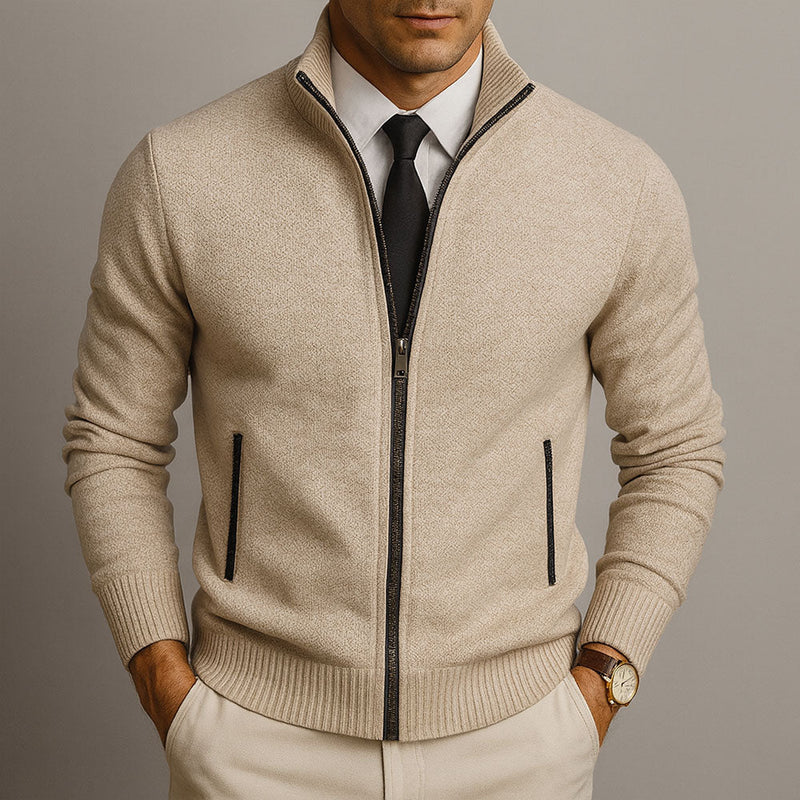 Men's textured knit zip cardigan in beige