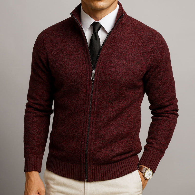 Men's textured knit zip cardigan in burgundy