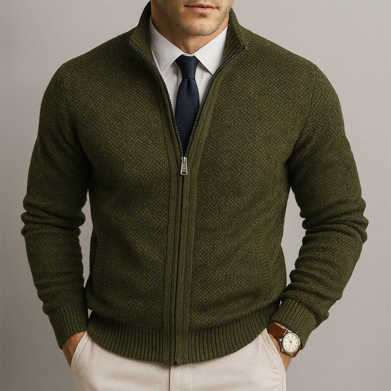 Men's textured knit zip cardigan in green