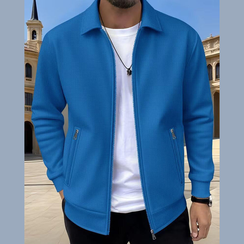 Men's textured zip jacket with shirt collar in blue