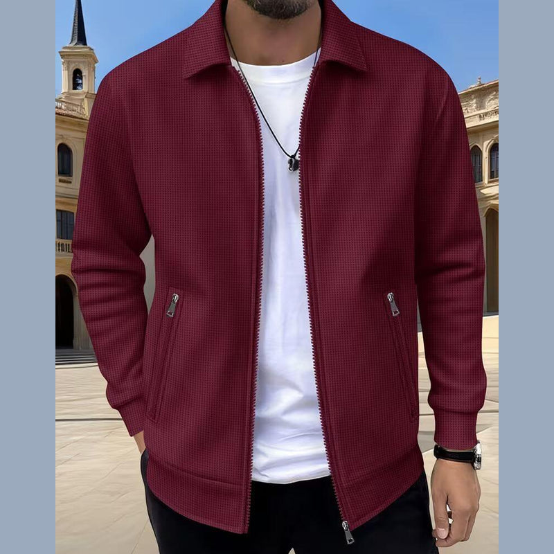 Men's textured zip jacket with shirt collar in burgundy