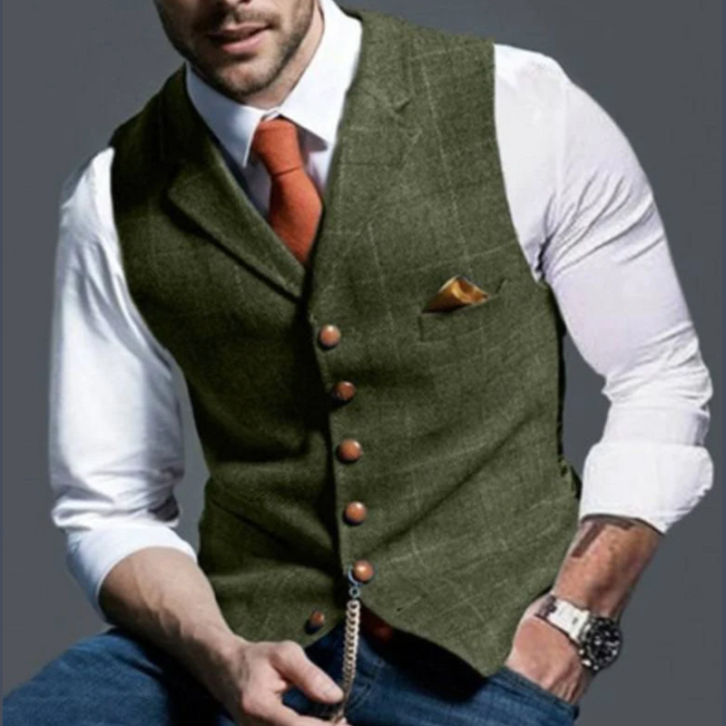 Men's tweed-look waistcoat in olive green