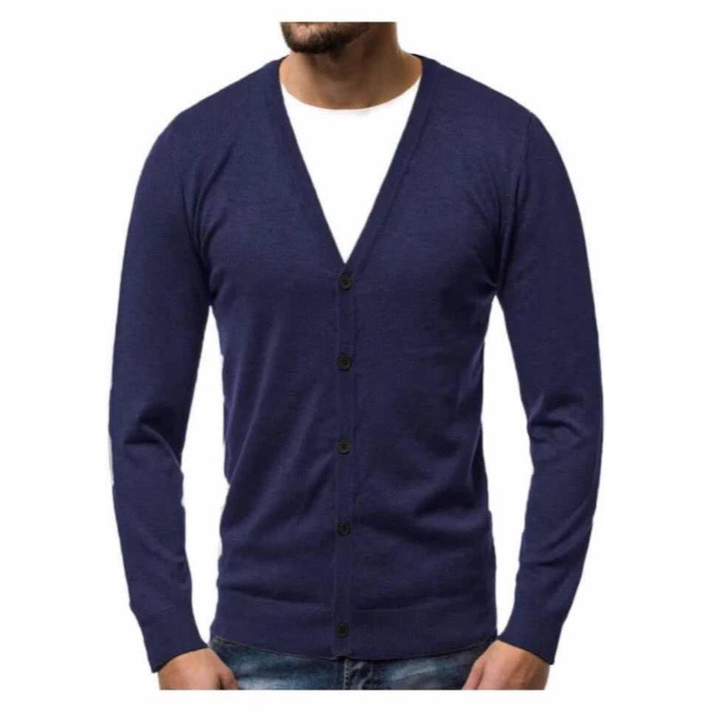 Men's V-neck button cardigan in navy blue