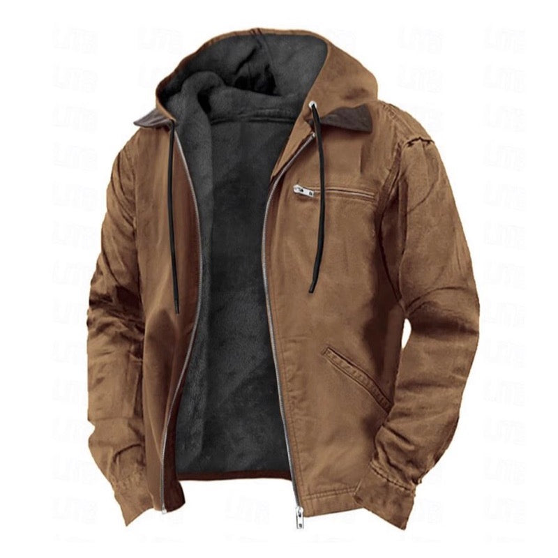Men's Vintage Hooded Jacket with Soft Lining and Multiple Pockets for Autumn