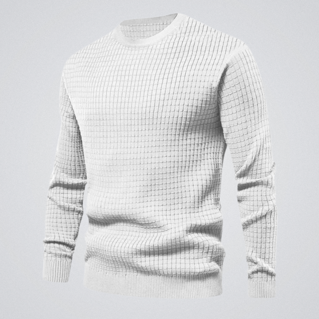 Men's white waffle knit crew neck sweater