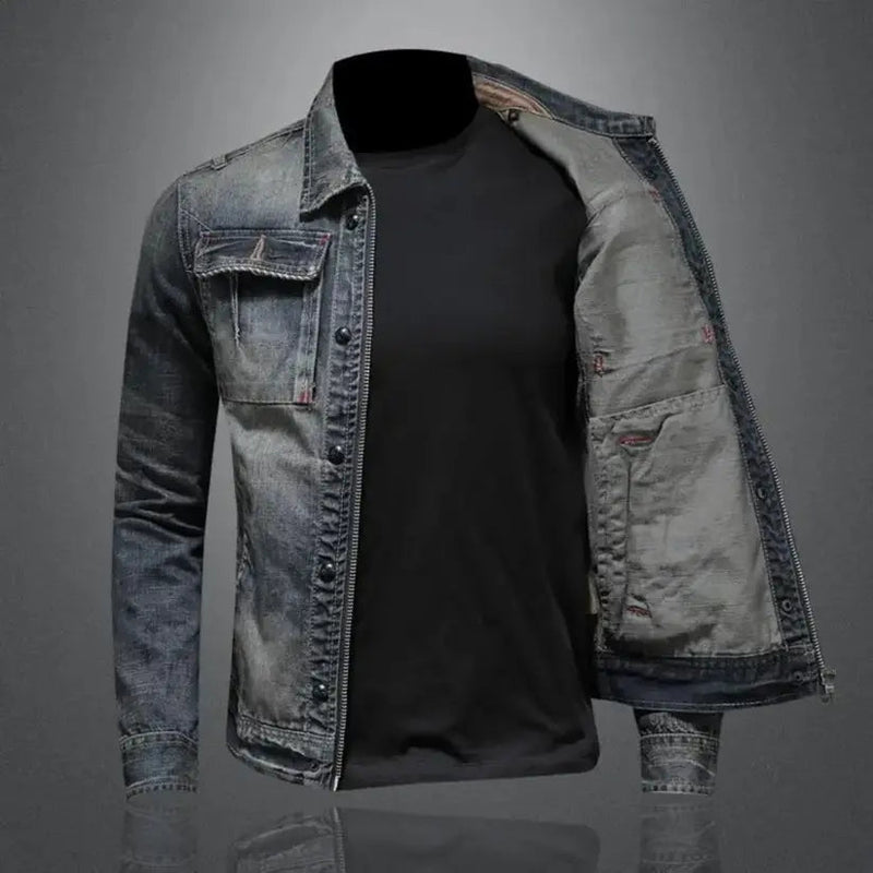 Men's washed denim jacket – open front side view