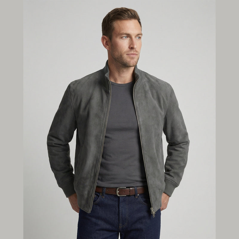 Man wearing the grey zip bomber jacket open