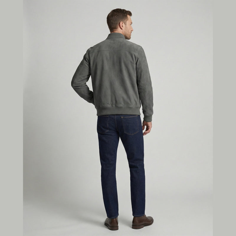 Man wearing the grey zip bomber jacket – back view