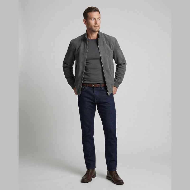 Man wearing the grey zip bomber jacket – full length view